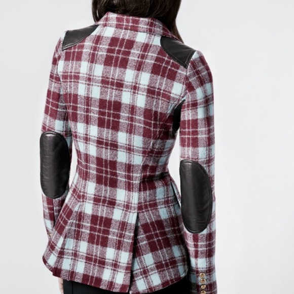 Smythe Jackets & Blazers - SMYTHE Patch Equestrian Blazer NEW Size 6 Burgundy Blue Plaid Wool Leather Rare